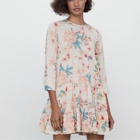 Zara Dresses & Skirts - Zara Sharon 3/4 sleeve ruffle tiered floral dress multicolor pink green medium